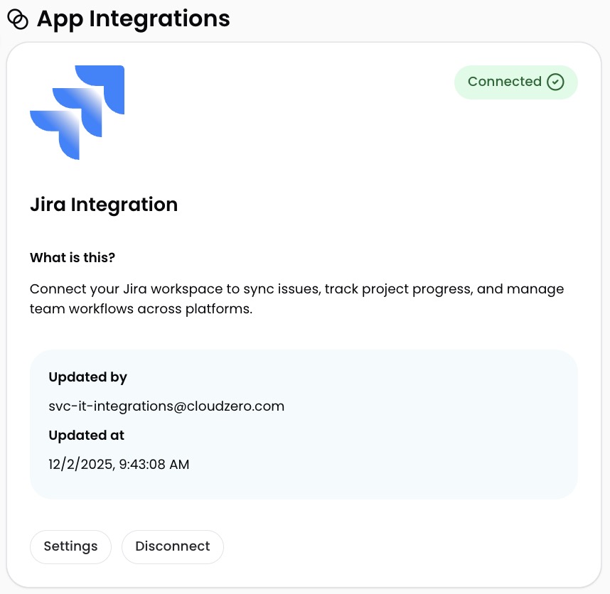 App Integrations page showing Jira connected status