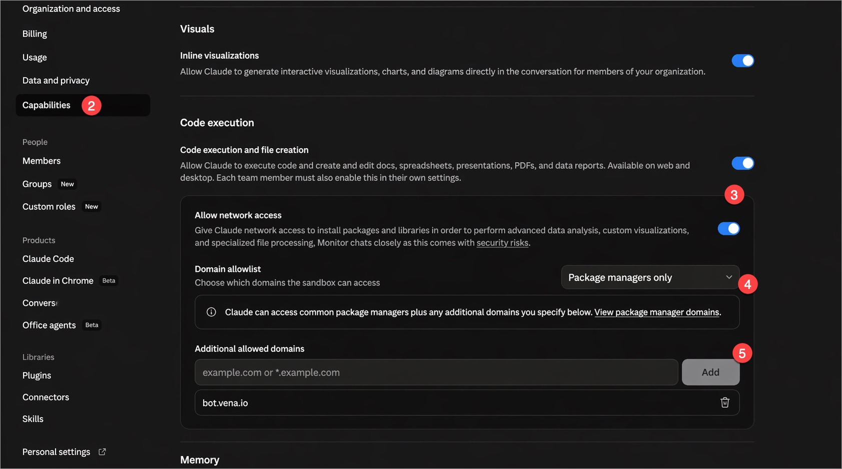 Add Vena to the allowlist on the Capabilities page