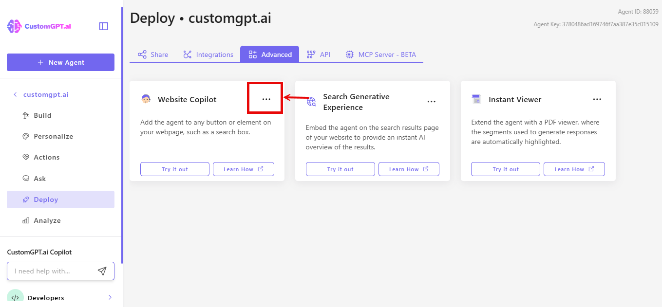Step 3 - Website Copilot menu