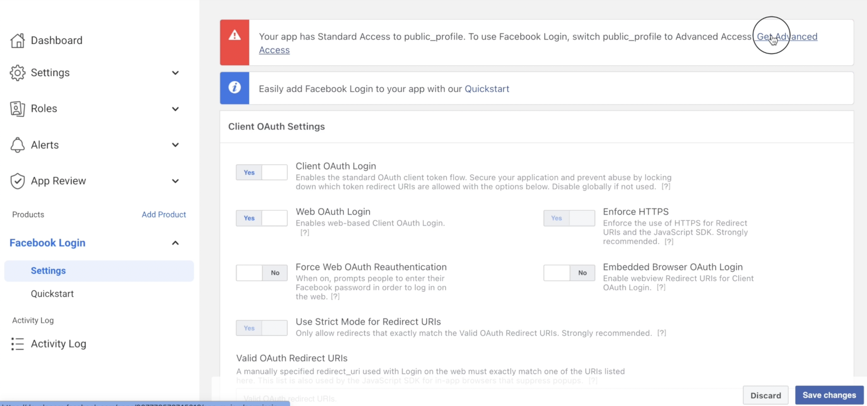 Click "Set Up" in the Facebook Login box, Settings from the left side bar.