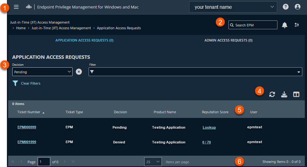 EPM for Windows and Mac Just-In-Time (JIT) Access Management page, specifically the Application Access Requests tab.