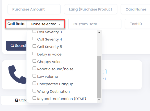 Screenshot with the Call Rate filter options