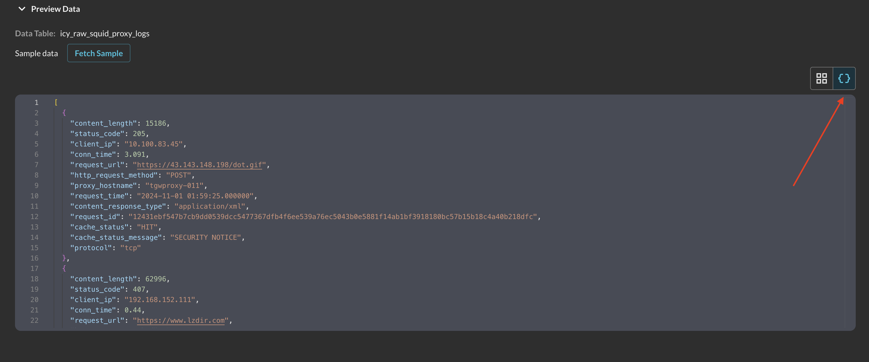 FIG. 5 - Preview Data JSON view