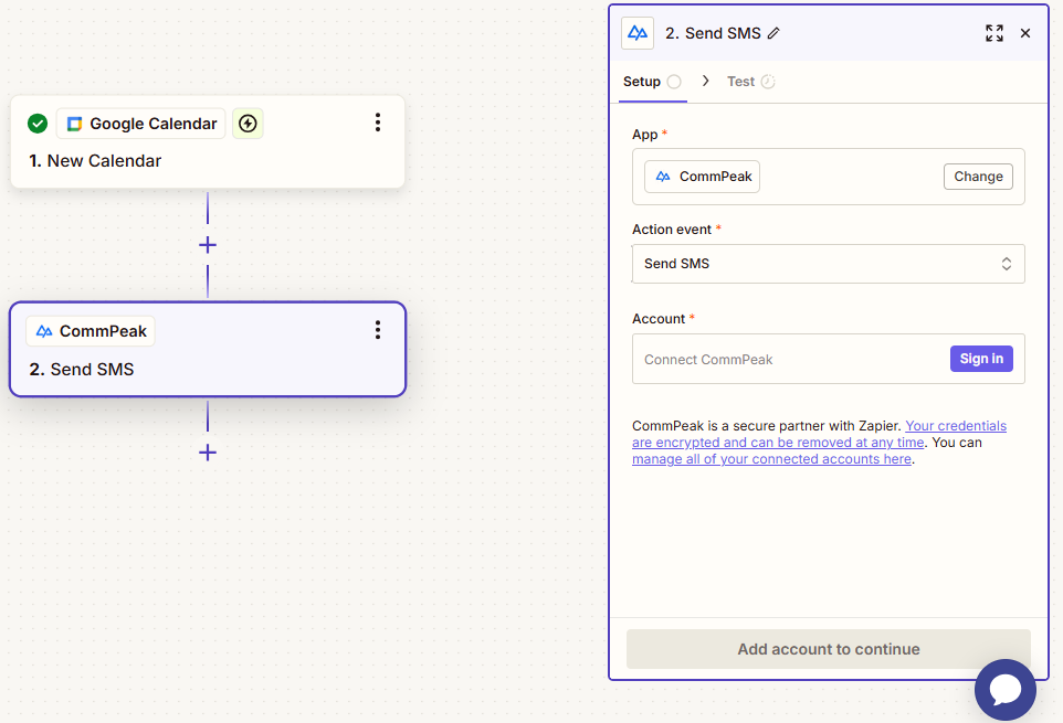 Screenshot of the Send SMS action event