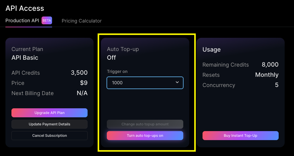 Setting an Auto Top-up via the API Access Page