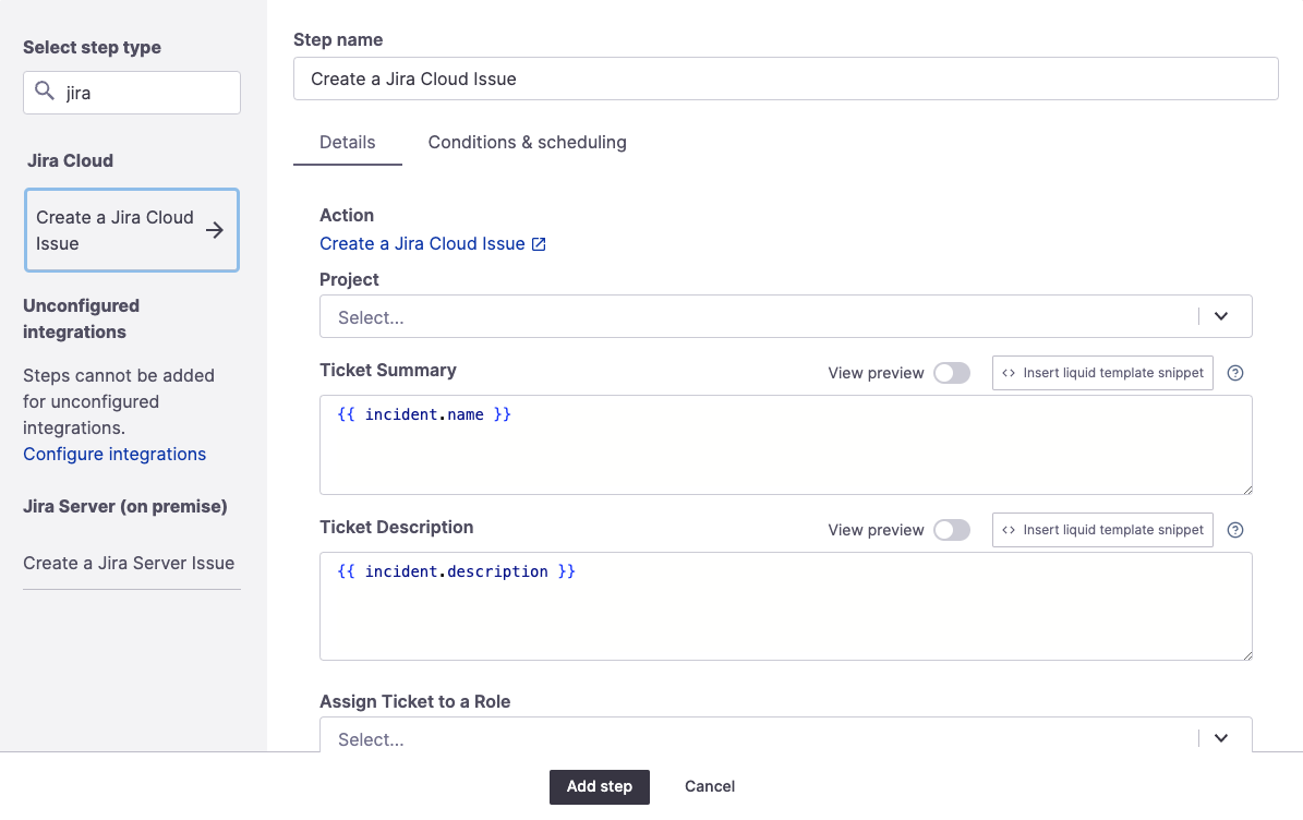 Create a Jira Cloud issue step. Jira Cloud and Jira Server Runbook steps look identical.