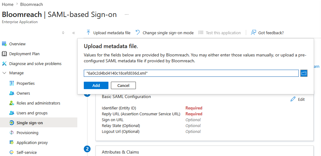 Azure AD SAML configuration with Upload metadata file button highlighted.