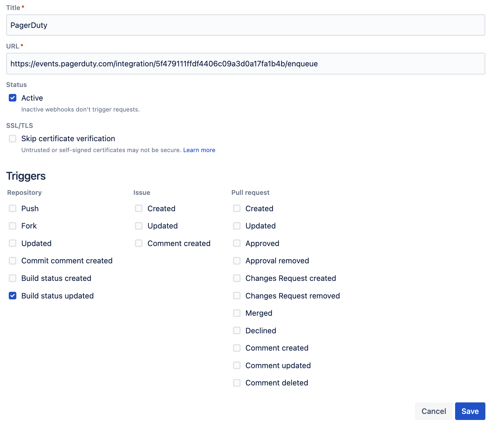 A screenshot of the Bitbucket UI showing how to configure a webhook