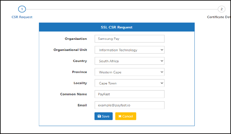 complete the required fields and note the common name must be the fully quantified domain name