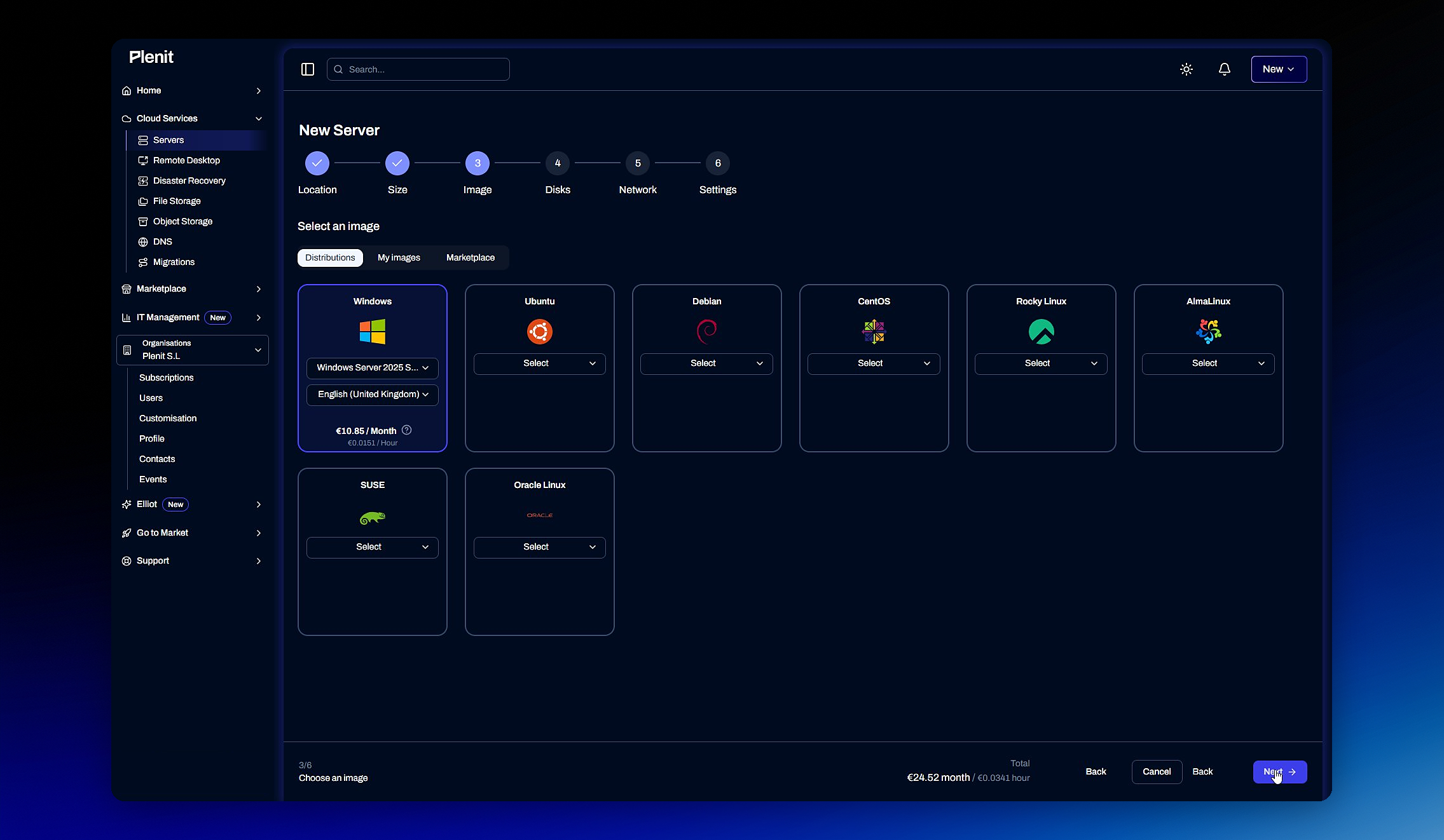 Selección de imagen de sistema con las pestañas Mis imágenes y Marketplace