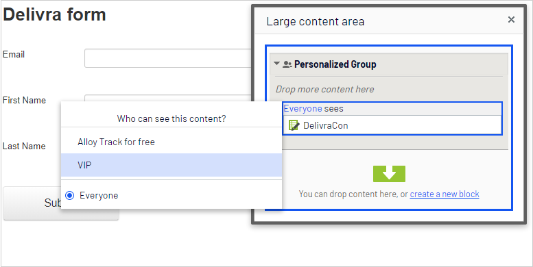 Screenshot of the personalization dialog where selecting the VIP visitor group to target the form