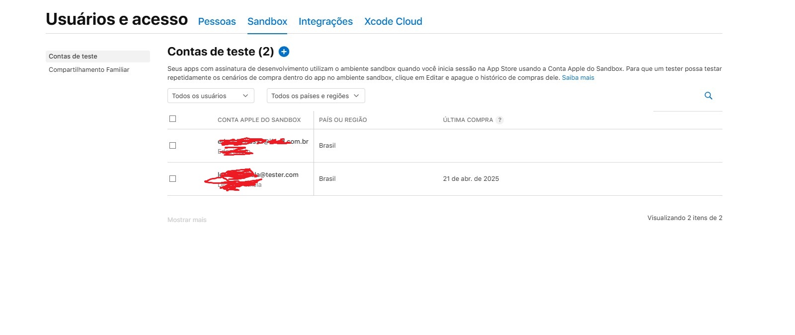 Menu da Apple Developer com a opção Sandbox destacada