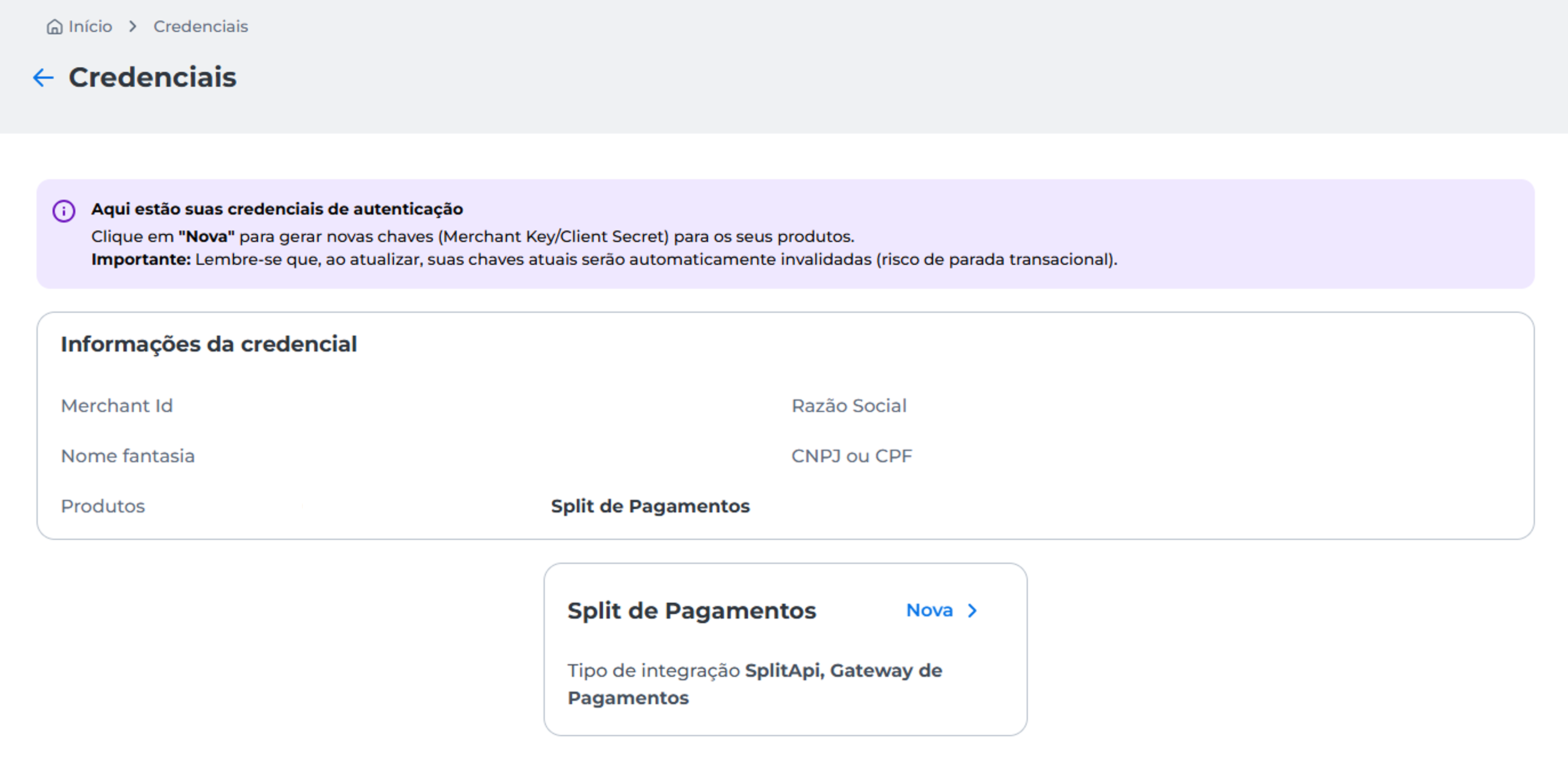 Tela do sistema exibindo a interface do Split de Pagamento, com destaque para o botão "Nova >", que deve ser selecionado para iniciar uma nova configuração.