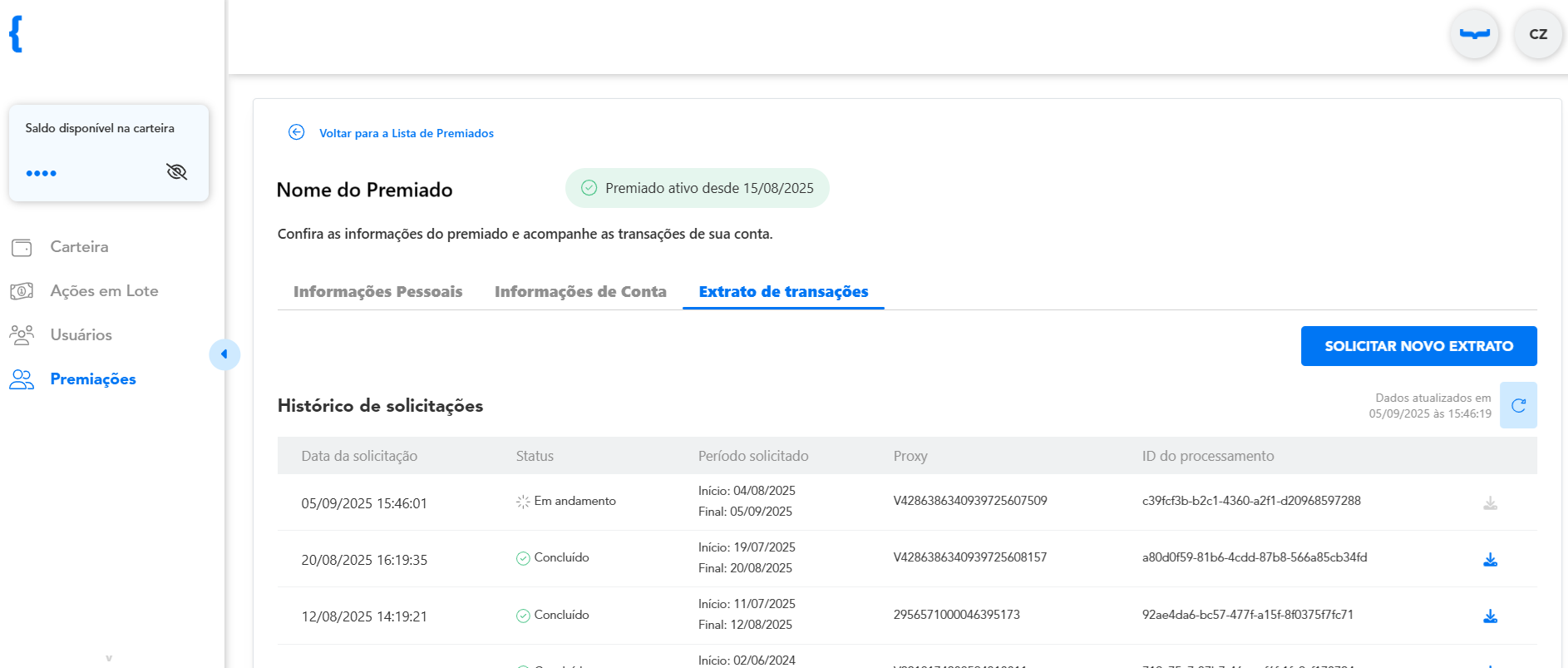 Aba Extrato de transações