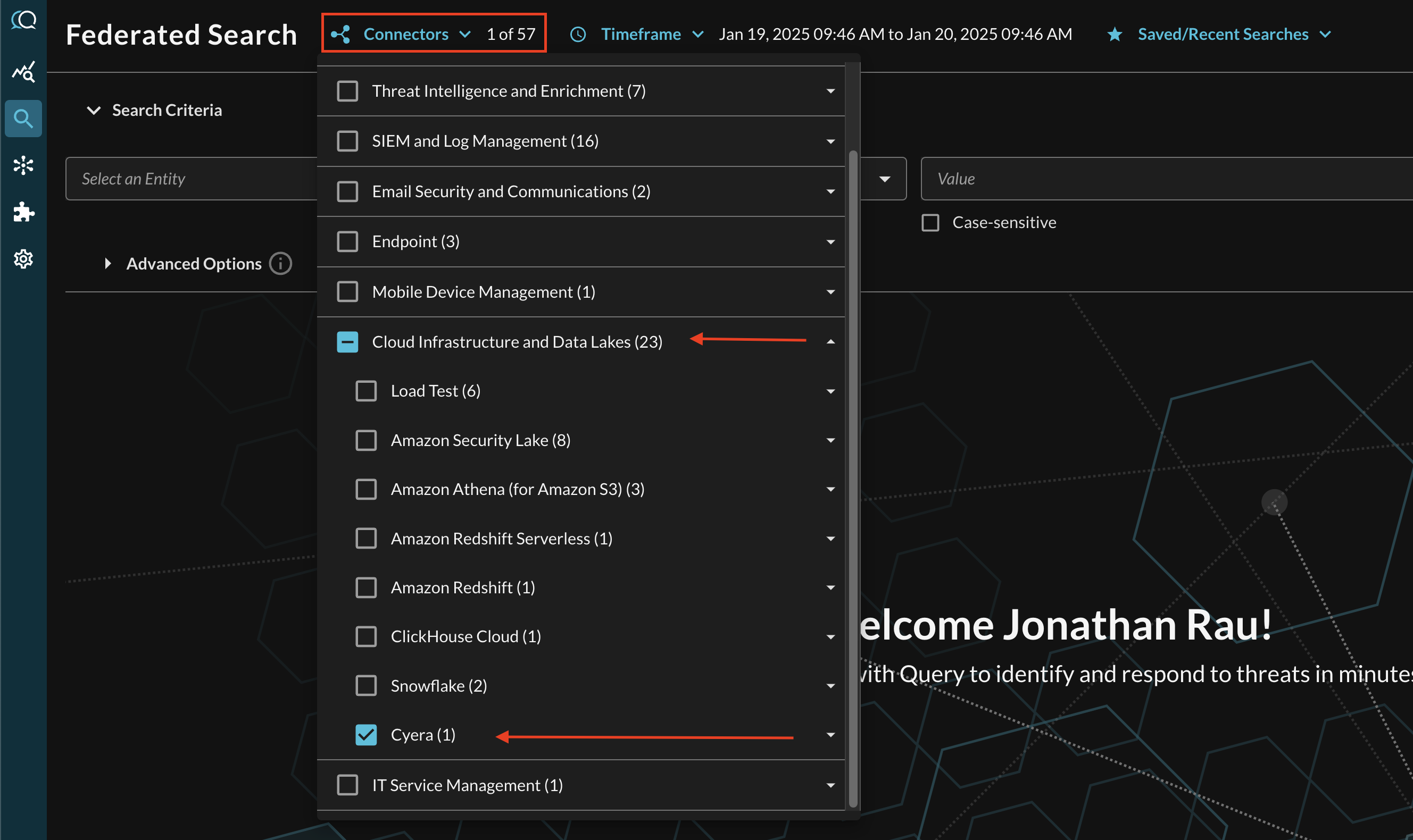 FIG. 3 - Locating the Cyera connector in the Connectors picker menu