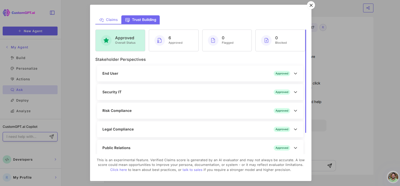 Trust score tab on pop-up window