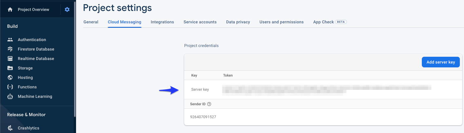 Your FCM server key is inside your project settings in Firebase