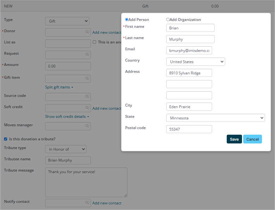 Adding a new contact for a tribute donation