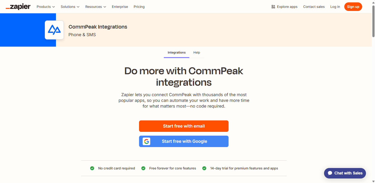 Screenshot of the CommPeak Integrations page on the Zapier website