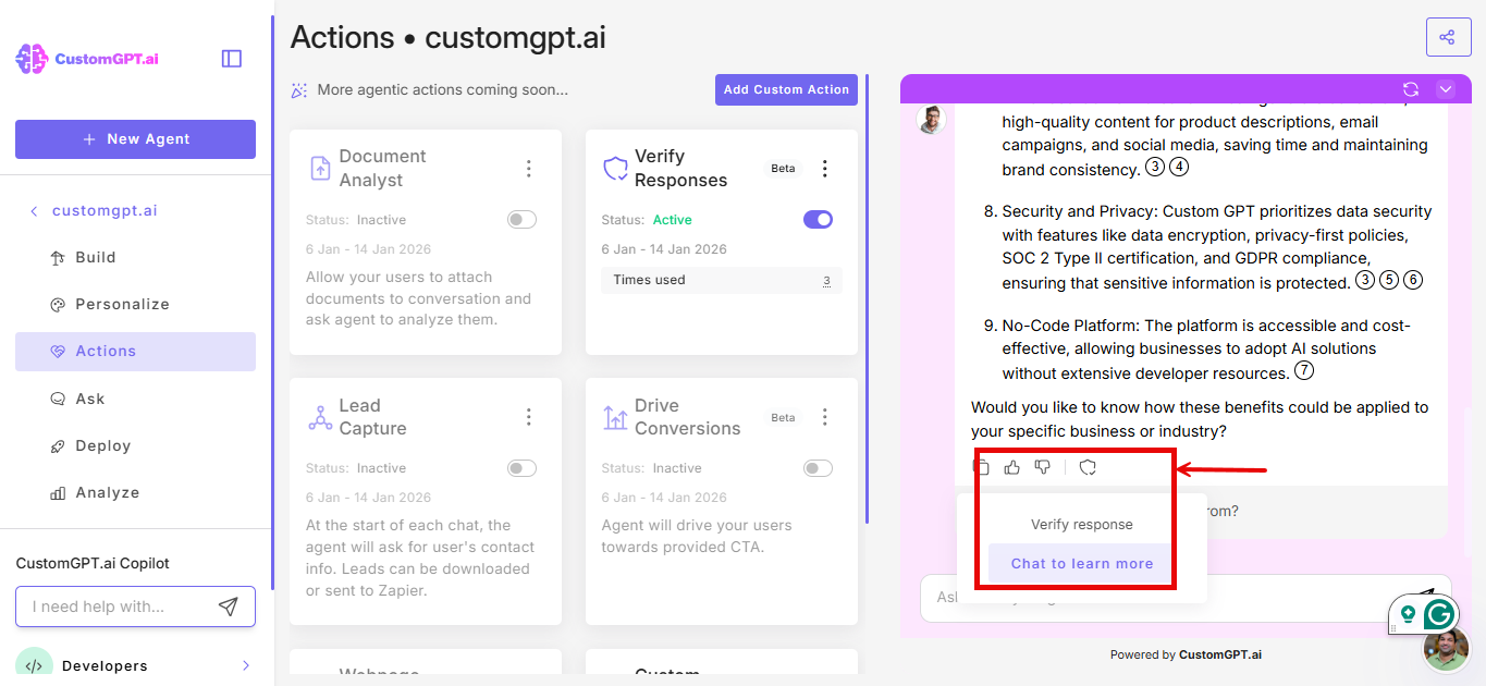 app screen with action cards and sheild icon after agent response