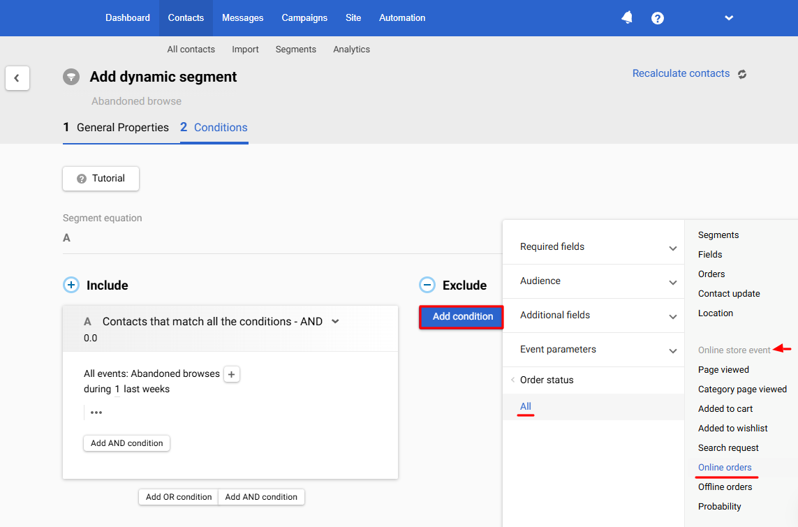 Exclude conditions from a segment