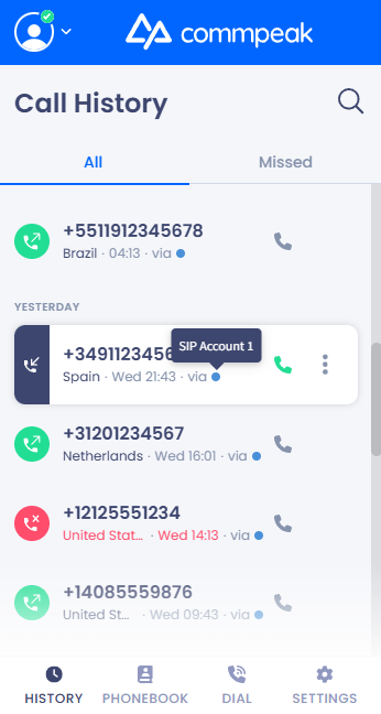 Screenshot of the screen with viewing number's call history details