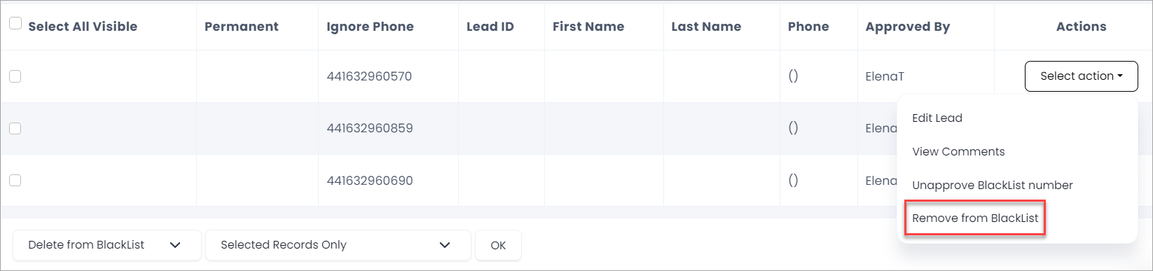 Screenshot of removing leads from blacklist action