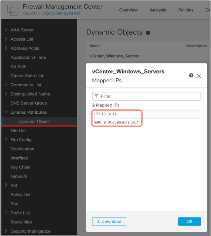 **Figure 18:** Viewing IP Addresses Mapped to a Dynamic Objects in Firewall Management Center