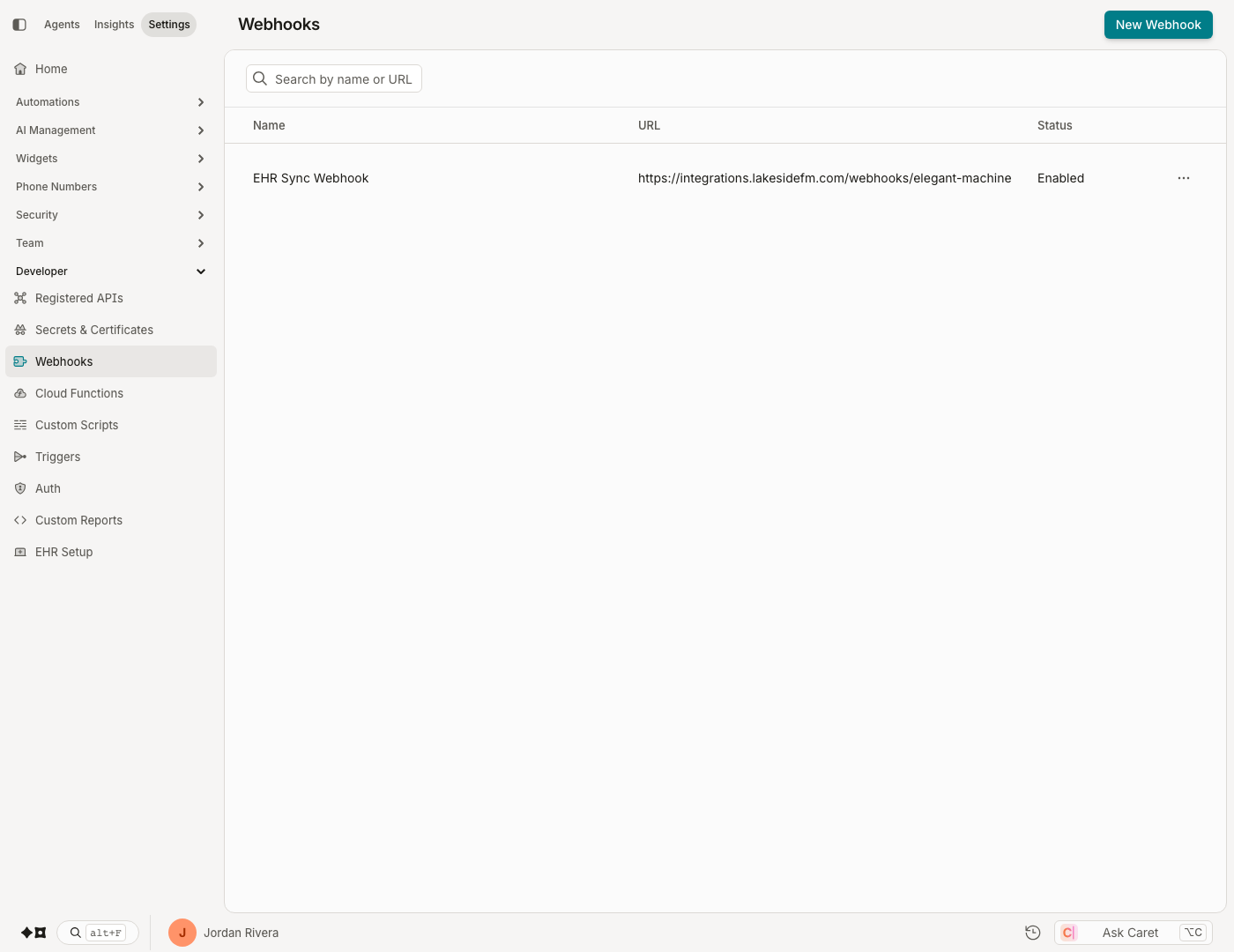The Webhooks list: name, endpoint URL, and enabled/disabled status.