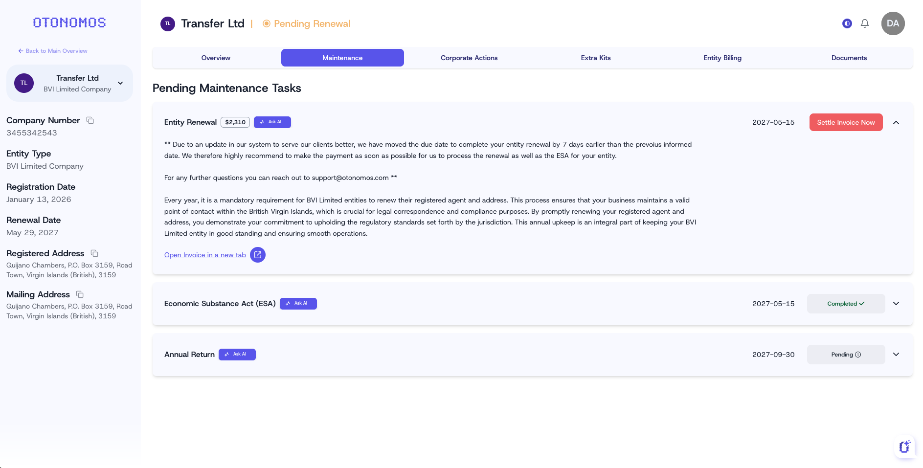 The Entity Maintenance Section shows you what actions need to be taken to keep your entity maintained and stay compliant.