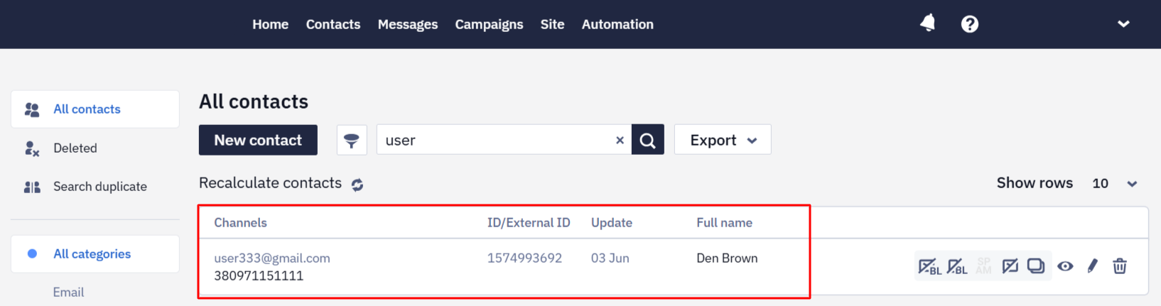 All contacts table with channels, ID, update date, and full name columns