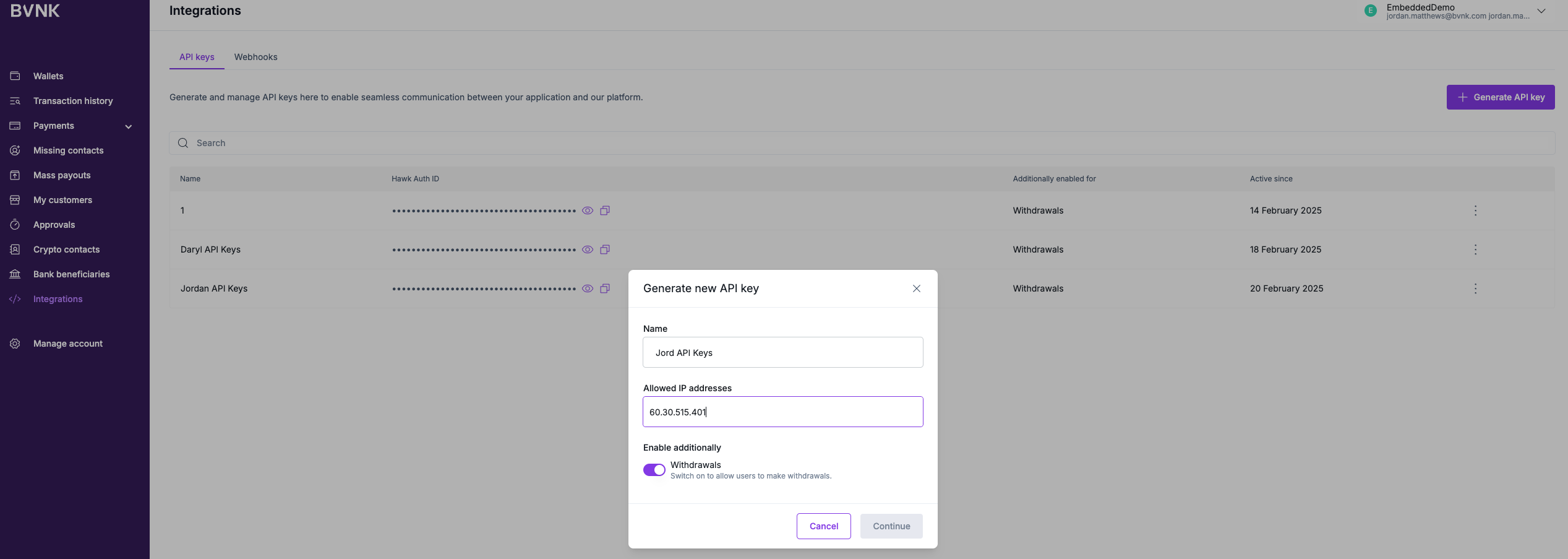 How to access the Integrations tab and generate API Keys