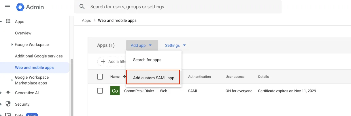 Screenshot of apps with the Add custom SAML app highlighted