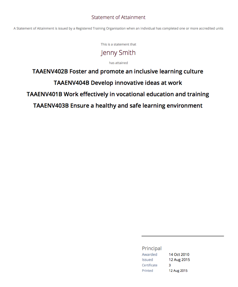 Figure 427. Statement of Attainment layout without a reference to a qualification