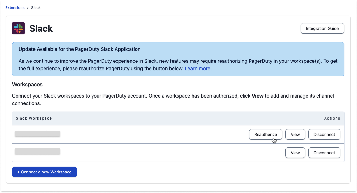PagerDuty Slack app's Reauthorize button for a Slack workspace