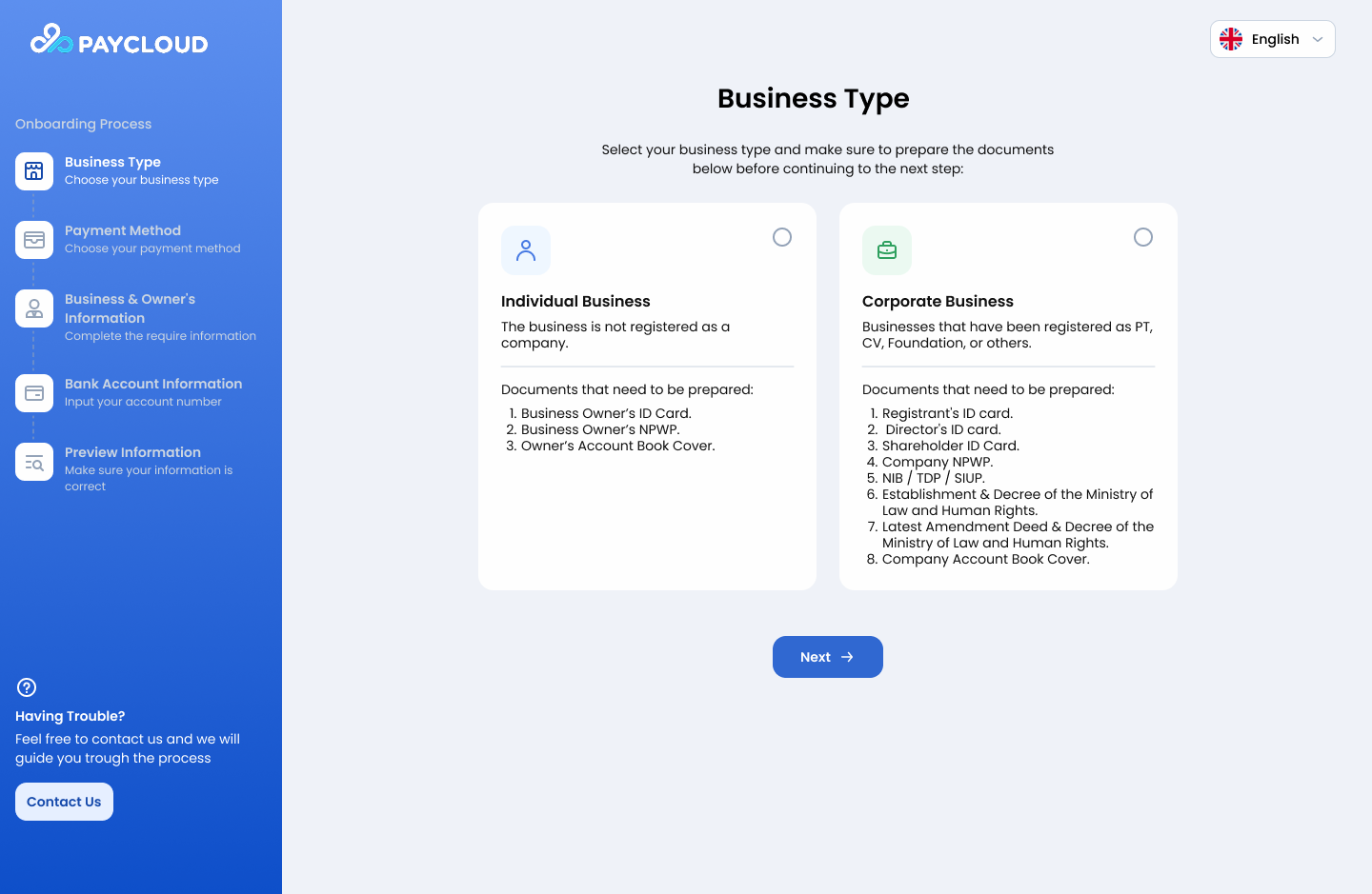 Onboarding Page - Business Type