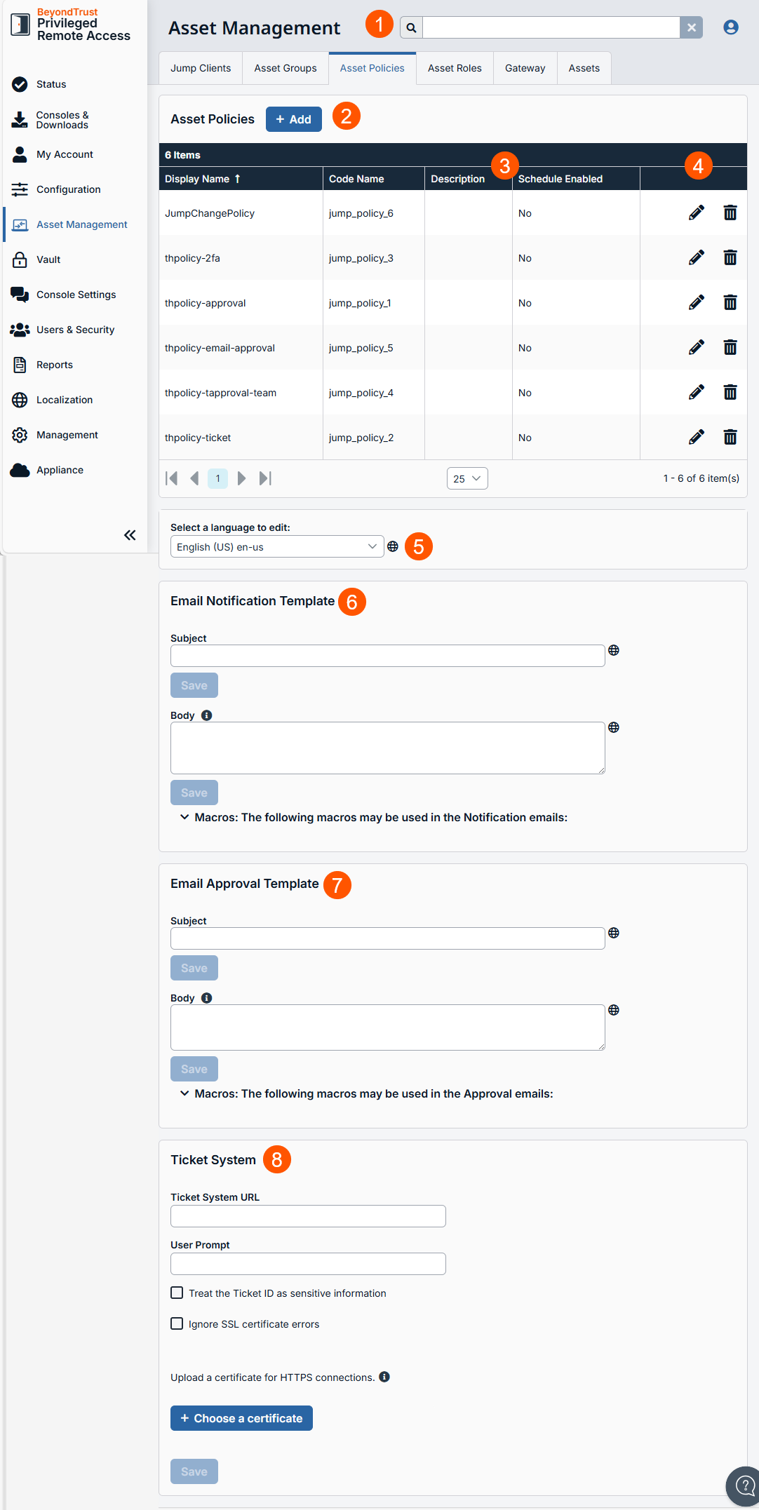 An image of the Asset Policies configuration page in a Privileged Remote Access system. It includes sections for managing Asset Policies, email notification templates, email approval templates, and ticket system settings