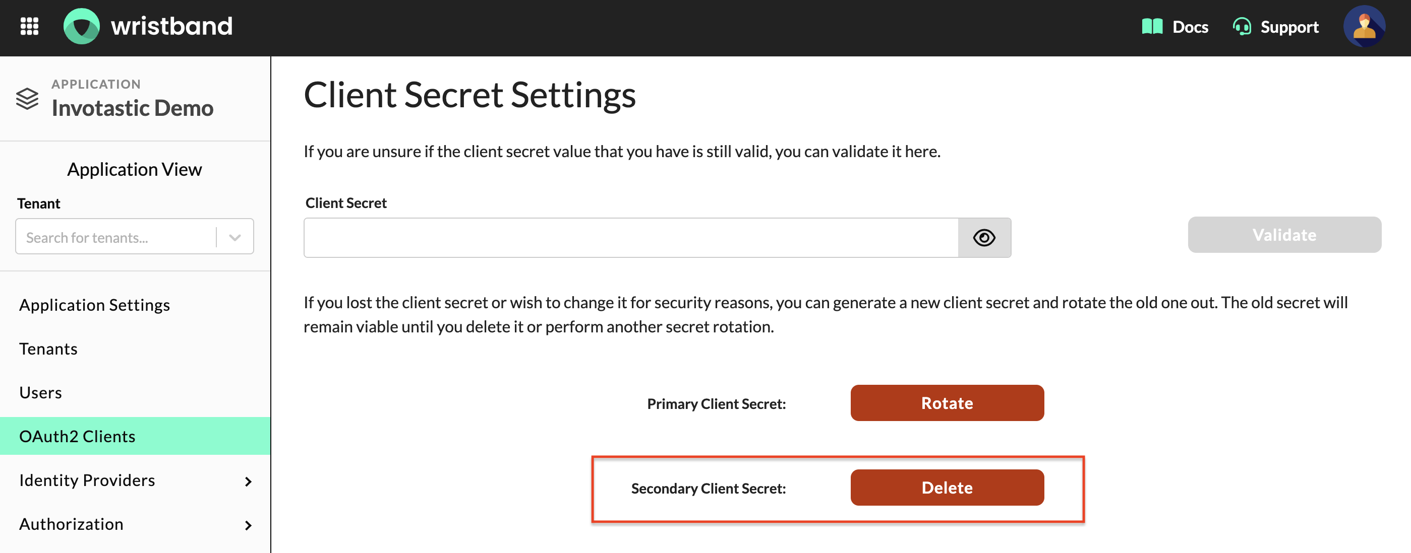 Client Secret Settings section showing the Delete button for the Secondary Client Secret.
