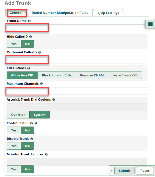 Screenshot of General tab of the trunk configuration