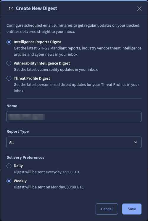 New digest form with the digest type, name, filters and Delivery Preferences (daily or weekly) fields