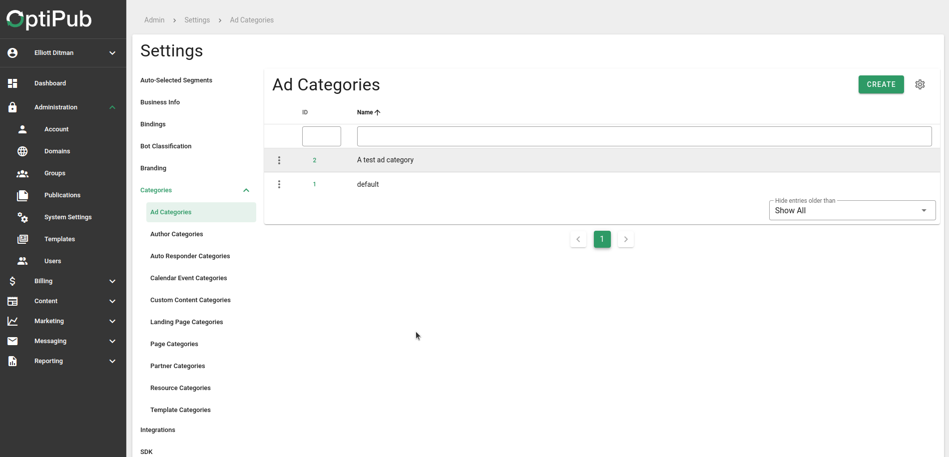 Specify ad categories in the "Administration" section.