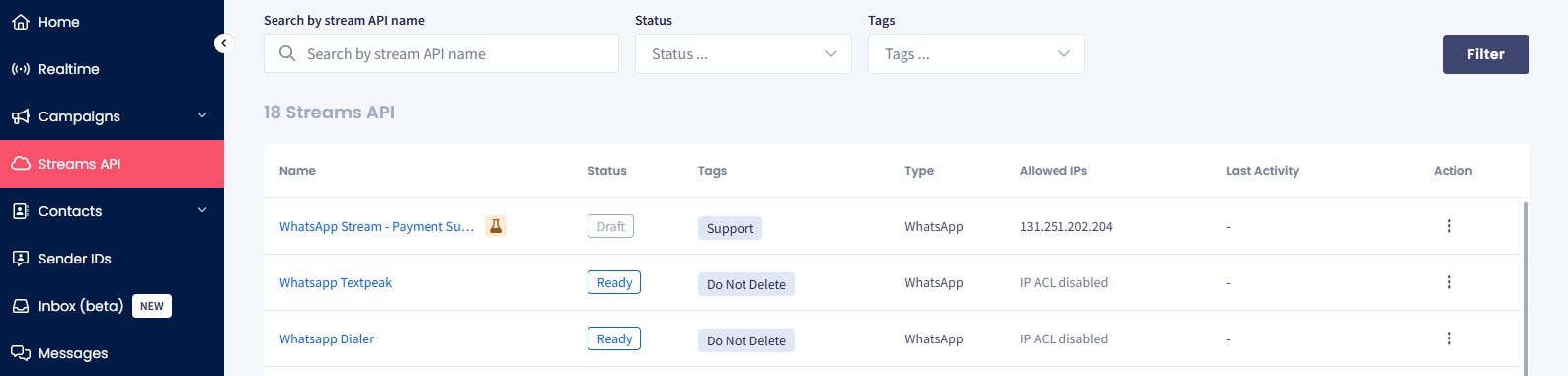 Screenshot of Streams API tab