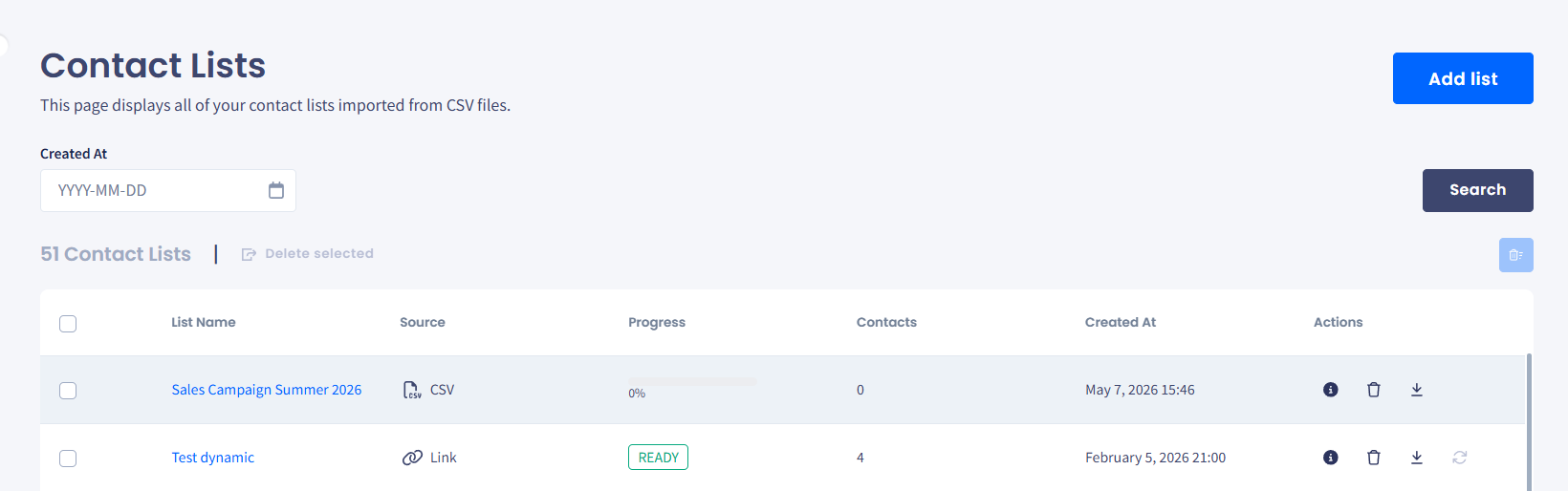 Screenshot of the Contact Lists page with the imported list