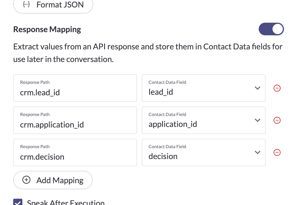 Map API response paths to configured Contact Data fields through Custom Actions.