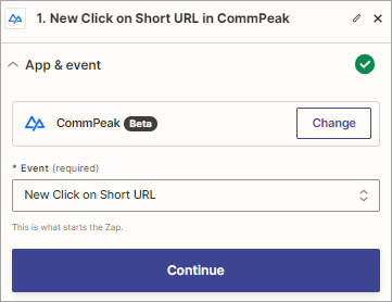 Screenshot of the **New Click on Short URL in CommPeak** event dialog: **App & event** step