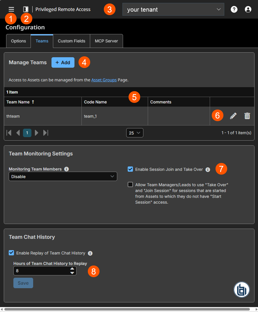 Configuration page of a Privileged Remote Access system showing options for managing teams, team monitoring settings, and team chat history.