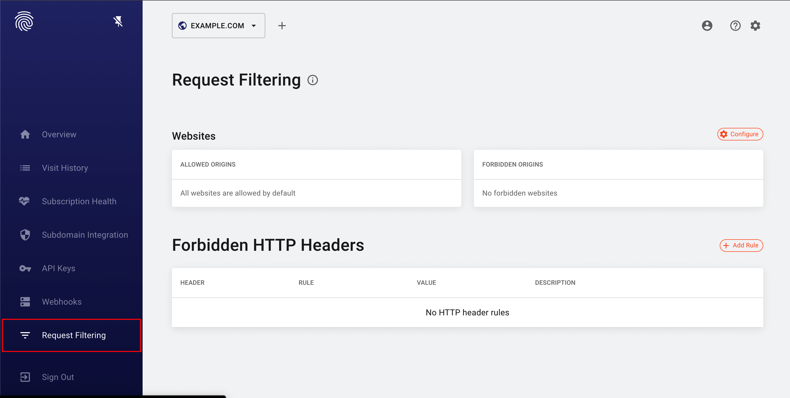 Screenshot of how to configure request filtering in the FingerprintJS dashboard