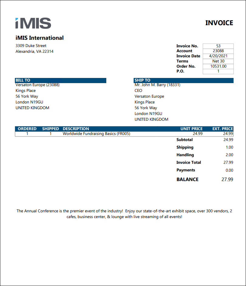 Viewing the Order Invoice report example