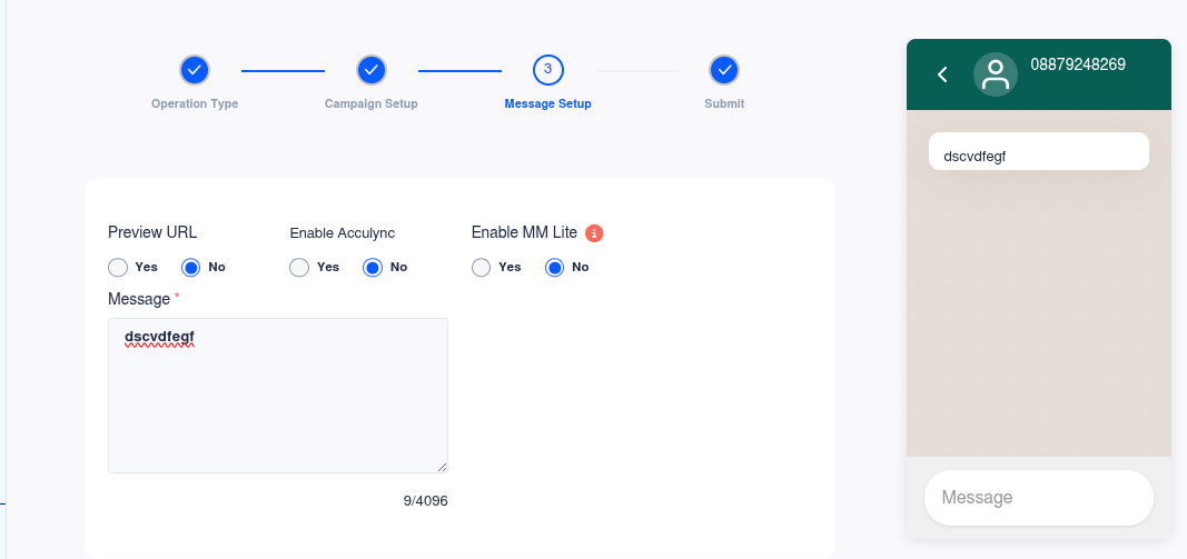 WhatsApp message setup screen for a quick reply template