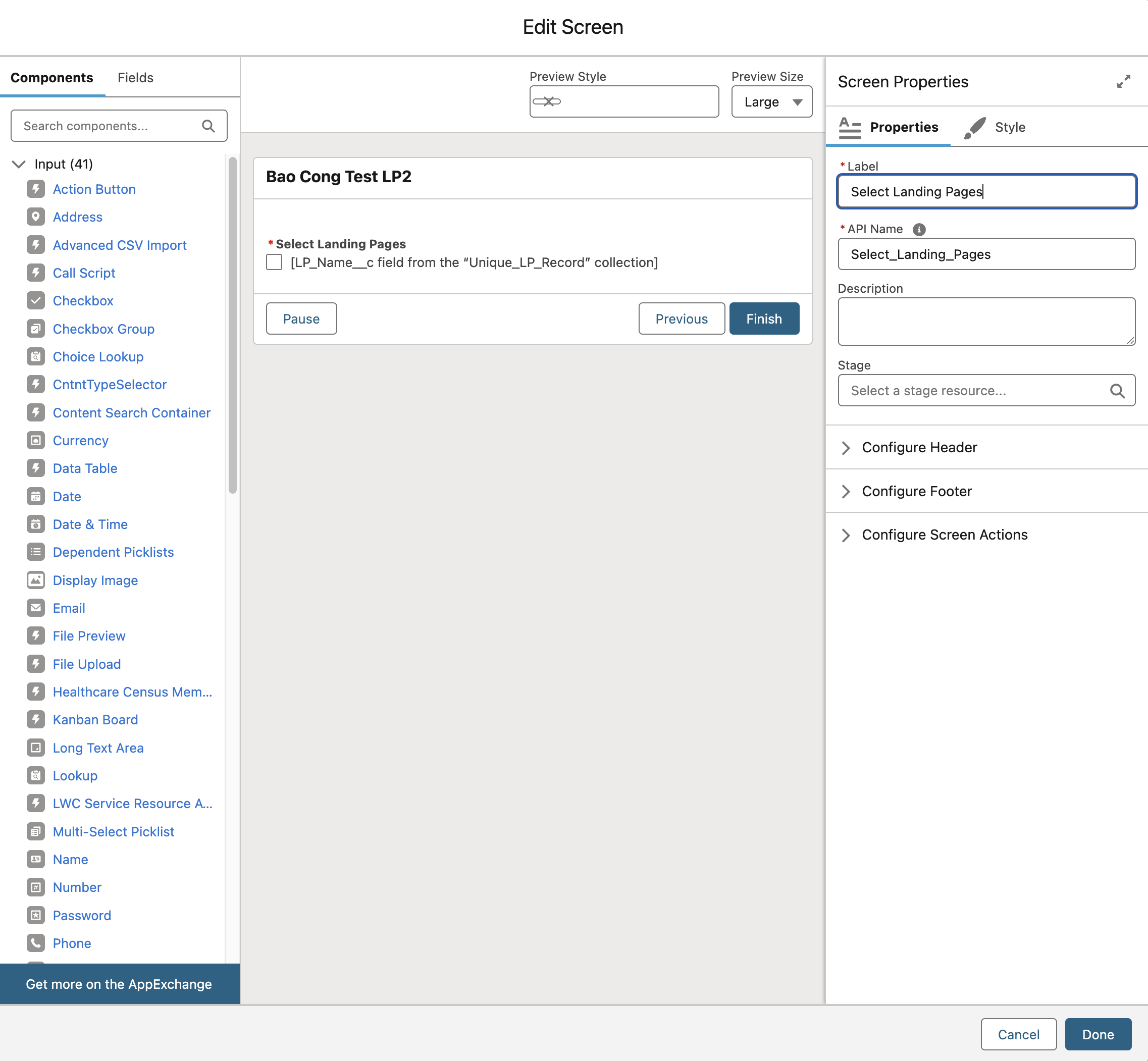 Select Landing Pages screen
